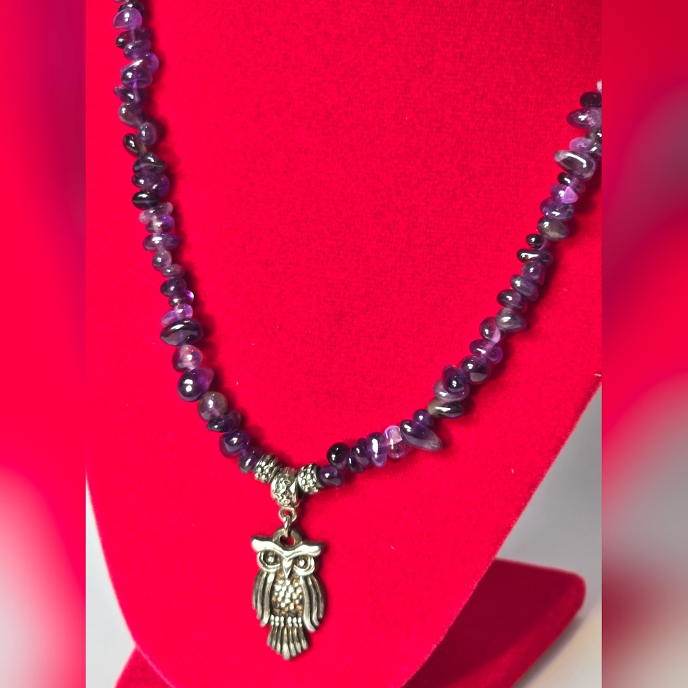 Amethyst bead necklace with owl pendant